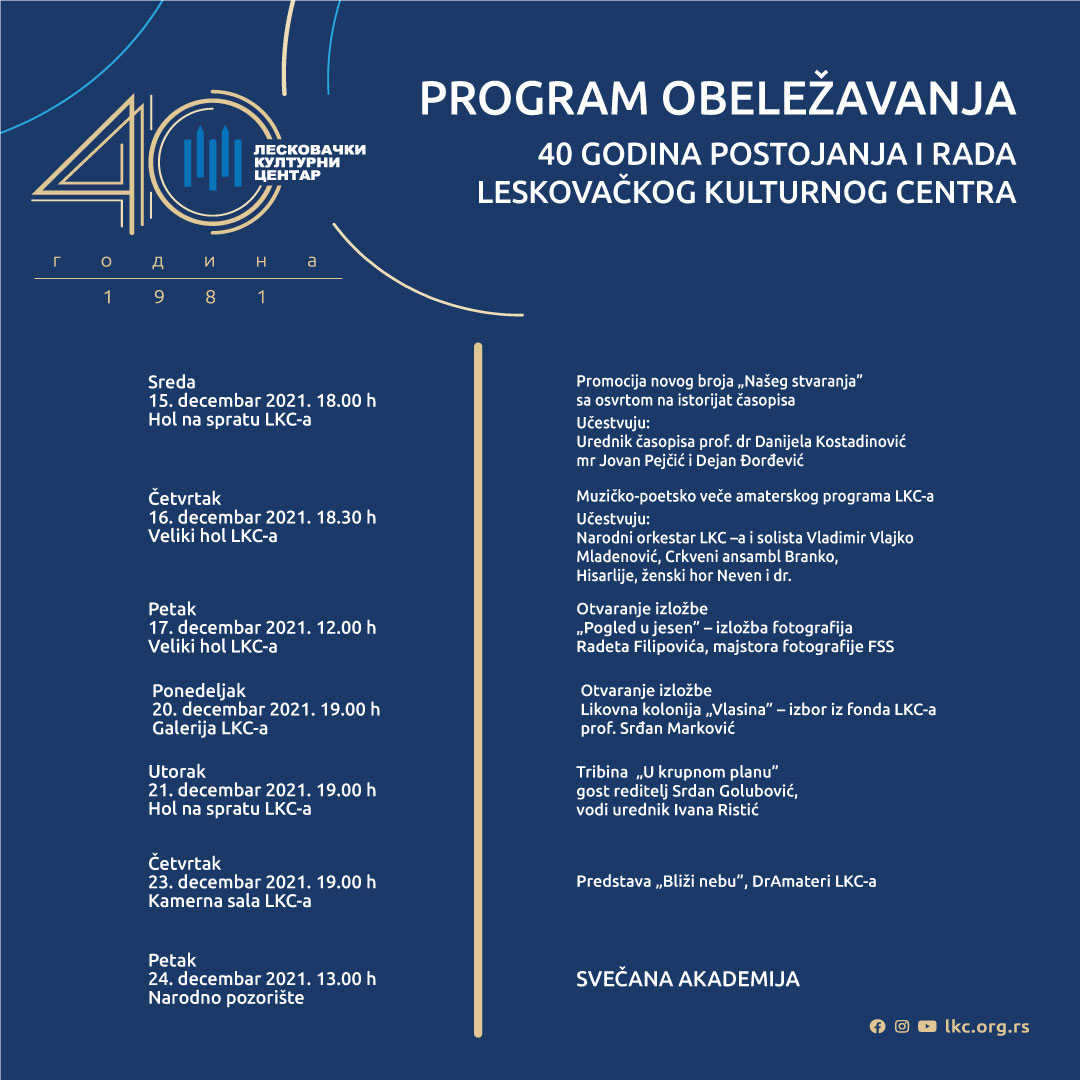 Program obeležavanja 40 godina postojanja i rada Leskovačkog kulturnog centra